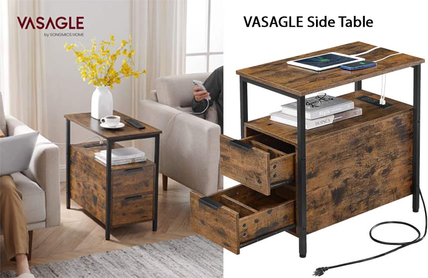 VASAGLE Side Table with Charging Station